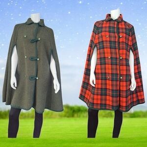 Vintage Pure New Wool Reversible Cape Green & Red & Green Plaid